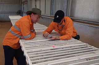 An image of two employees wearing orange saftey shirts reviewing rock samples